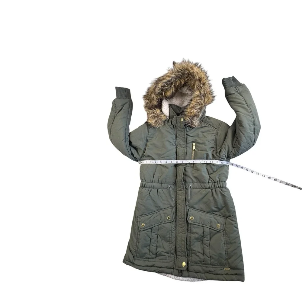 Justice Girls Olive Parka Jacket Faux Fur Hood‎ Coat Size L 12/14